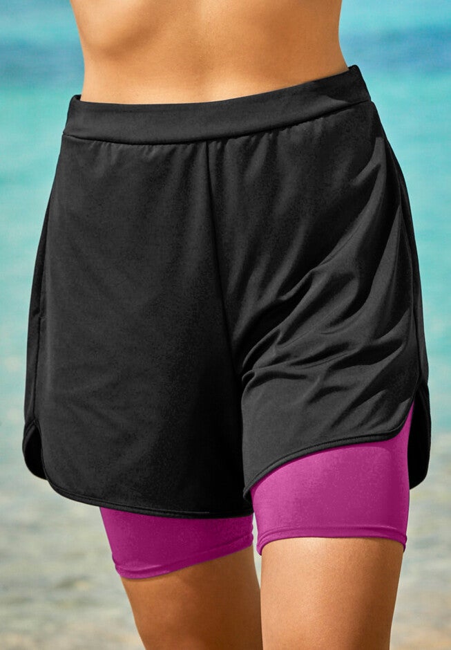Swim Boardshort with Pop Color Inner Bike Short, BLACK FUCHSIA, hi-res image number null