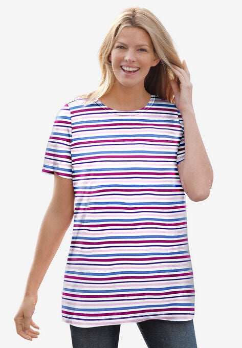 Perfect Printed Short-Sleeve Crewneck Tee, WHITE MULTI MINI STRIPE, hi-res image number null