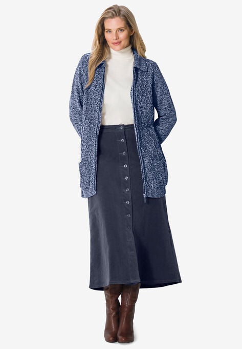 Marled Zip-Front Cable Knit Cardigan, , alternate image number null