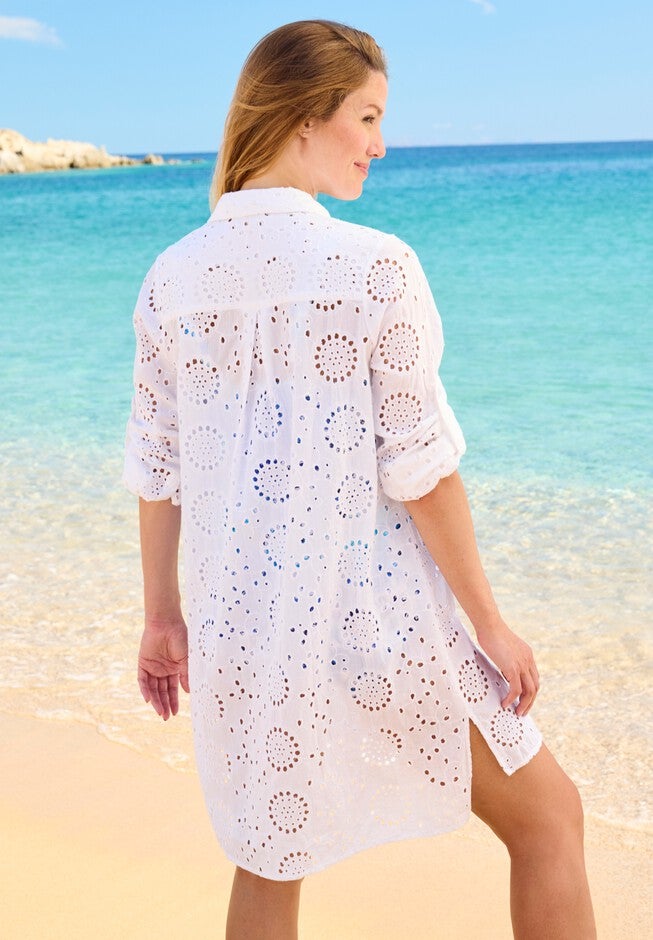 Eyelet Cover-Up Shirt, WHITE, on-hover image number null