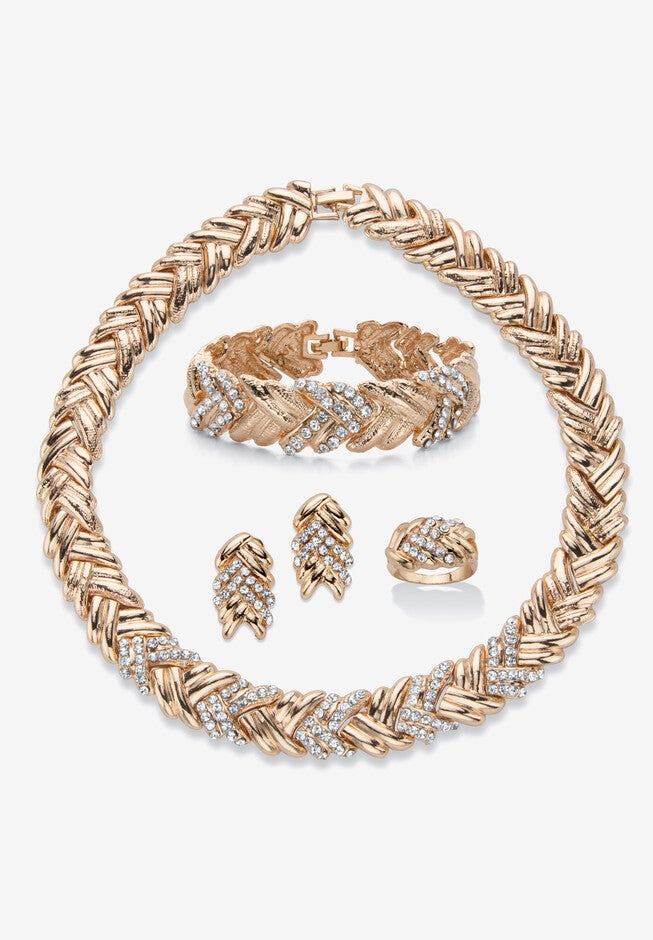 Gold Tone Braided Necklace, Earring, Bracelet and Ring Set, CRYSTAL, hi-res image number 0