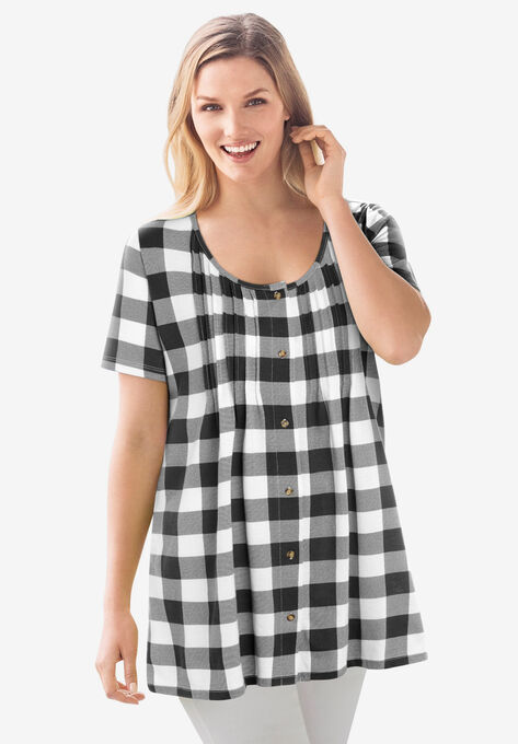 Top in soft buffalo plaid knit, tunic length with pintucks, BLACK BUFFALO PLAID, hi-res image number null