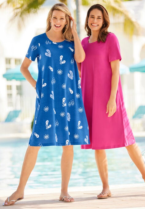 Short-Sleeve Crewneck Tee Dress, BRIGHT COBALT FLIP FLOPS, hi-res image number null