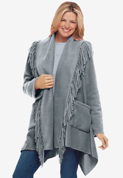 Fringed Shawl Collar Fleece Jacket, GUNMETAL, hi-res image number null