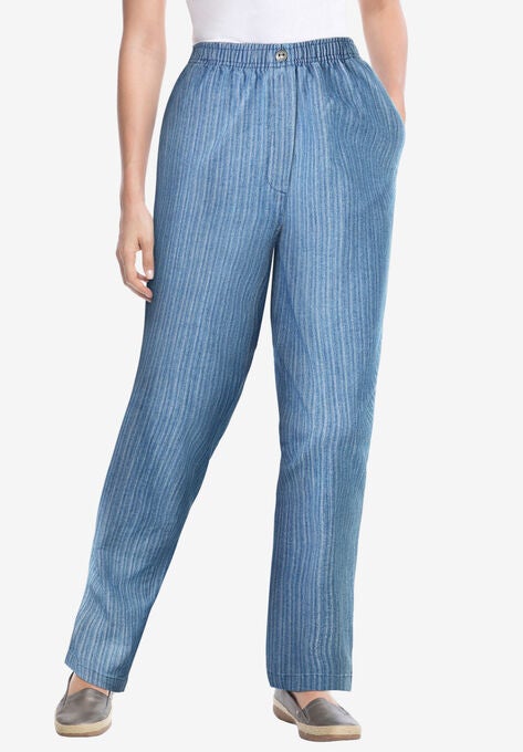 Elastic-Waist Cotton Straight Leg Pant, MEDIUM STONEWASH STRIPE, hi-res image number null