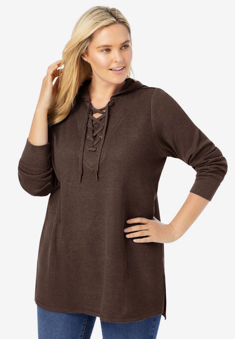 Washed Thermal Lace-Up Hooded Sweatshirt, CHOCOLATE, hi-res image number null