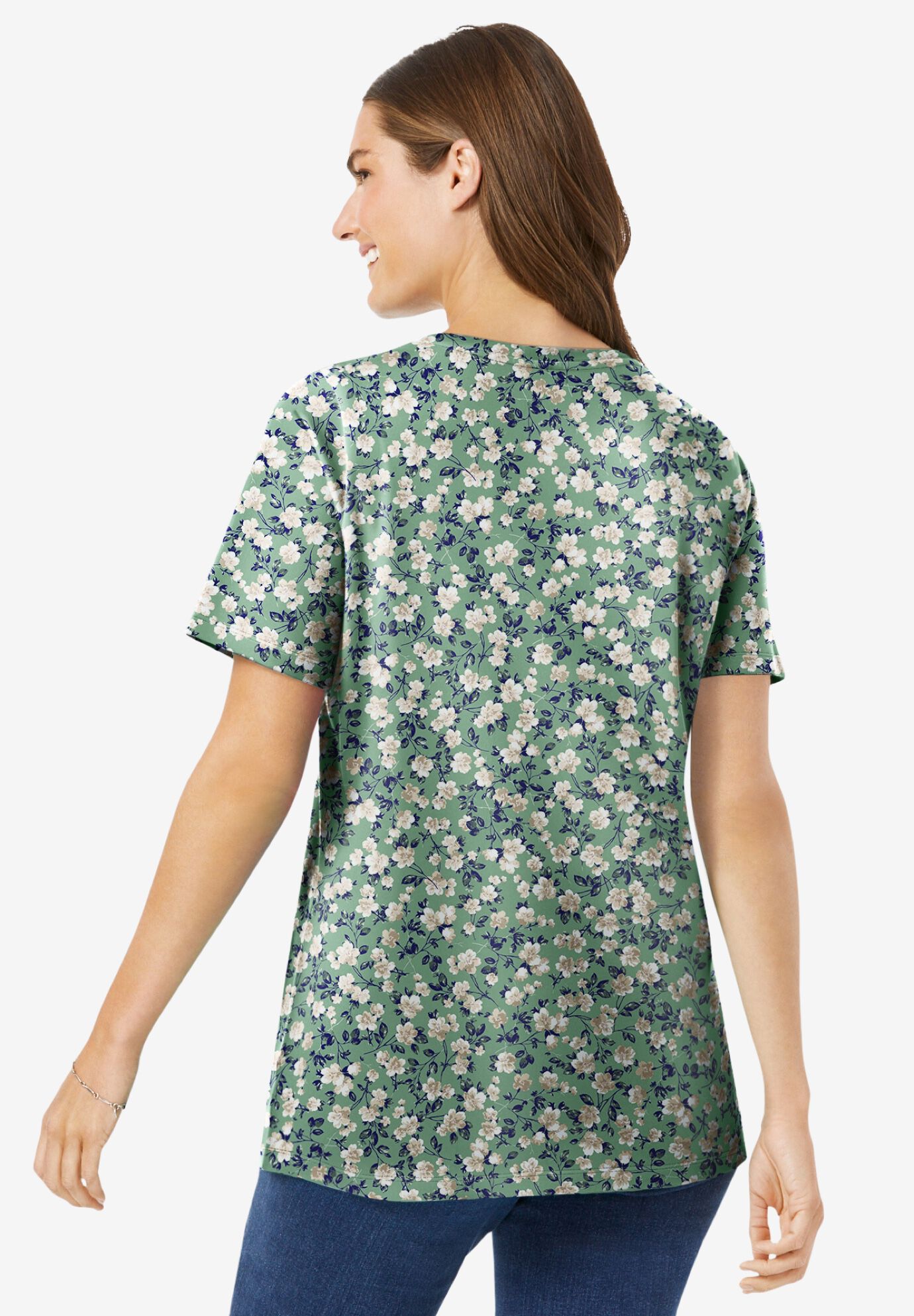 Perfect Printed Short-Sleeve Scoopneck Tee, SAGE BLOSSOM VINE, on-hover image number 1