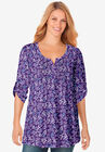 Three-Quarter Sleeve Pintucked Henley Tunic, RADIANT PURPLE FLOWER GARDEN, hi-res image number null