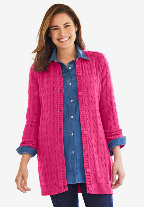 Cotton Cable Knit Cardigan Sweater, RASPBERRY SORBET, hi-res image number null