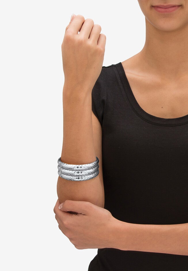 Silvertone Hammered 3 Piece Stack Bracelet Set, 8.5 inches, , alternate image number null
