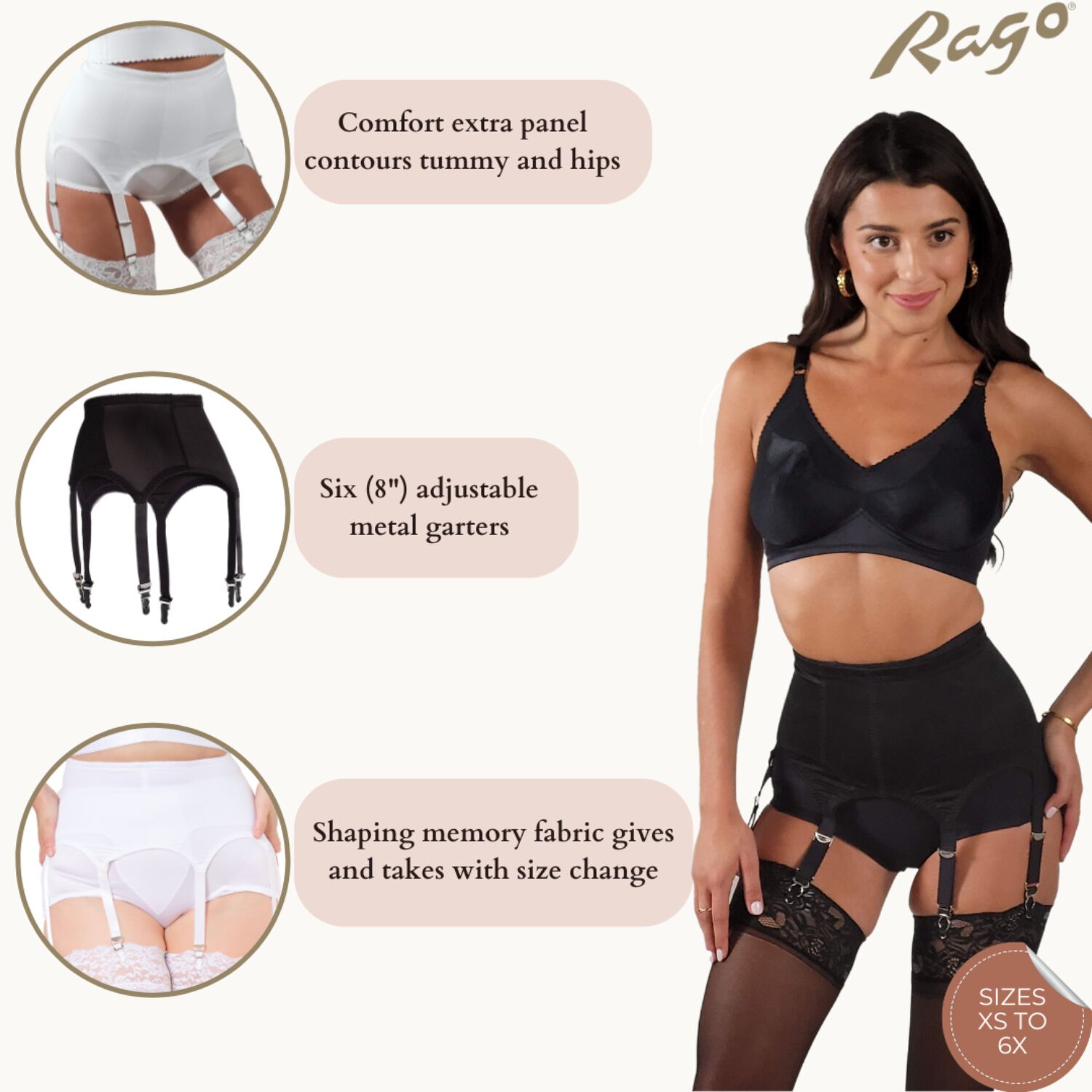 Rago Moderate Shaping & Tummy Control High-Waist Garter Belt With Six Metal Garters, BLACK, alternate image number 3