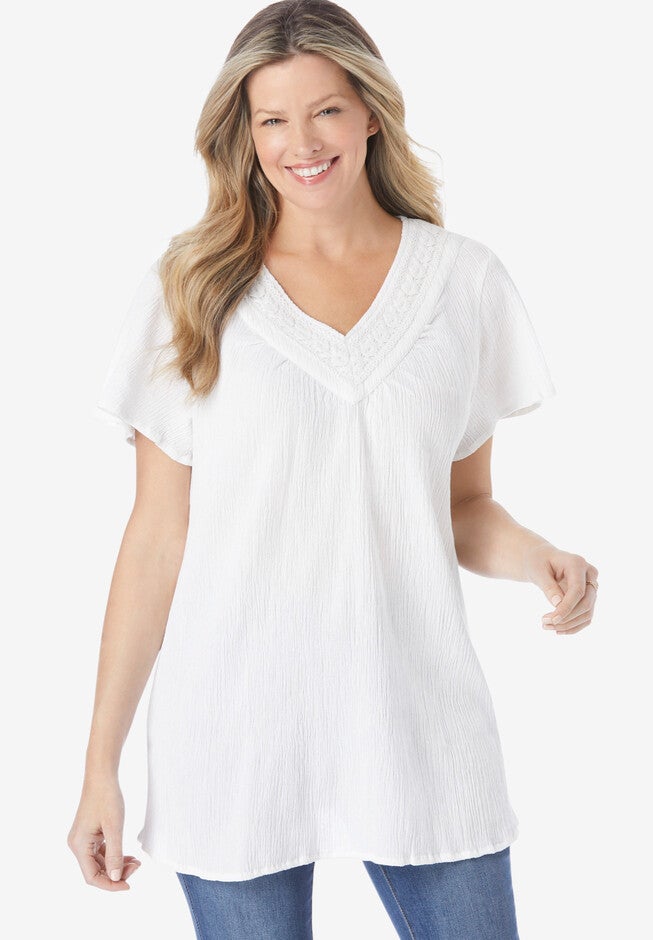 Crochet V-Neck Tunic, WHITE, hi-res image number null
