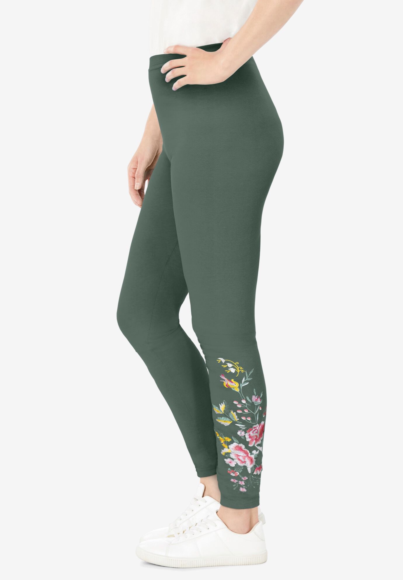 Stretch-Cotton Knit Pull-On Embroidered Leggings, PINE FLORAL EMBROIDERY, alternate image number 2