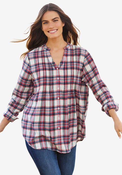 Pintucked Flannel Shirt, IVORY MULTI PLAID, hi-res image number null
