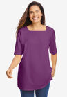 Perfect Elbow-Sleeve Square-Neck Tee, PLUM PURPLE, hi-res image number null