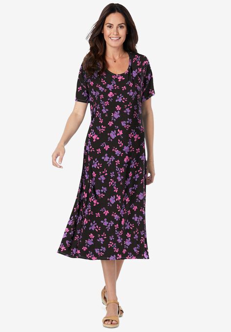 Short Sleeve Fit & Flare Dress, BLACK FESTIVE FLORAL, hi-res image number null
