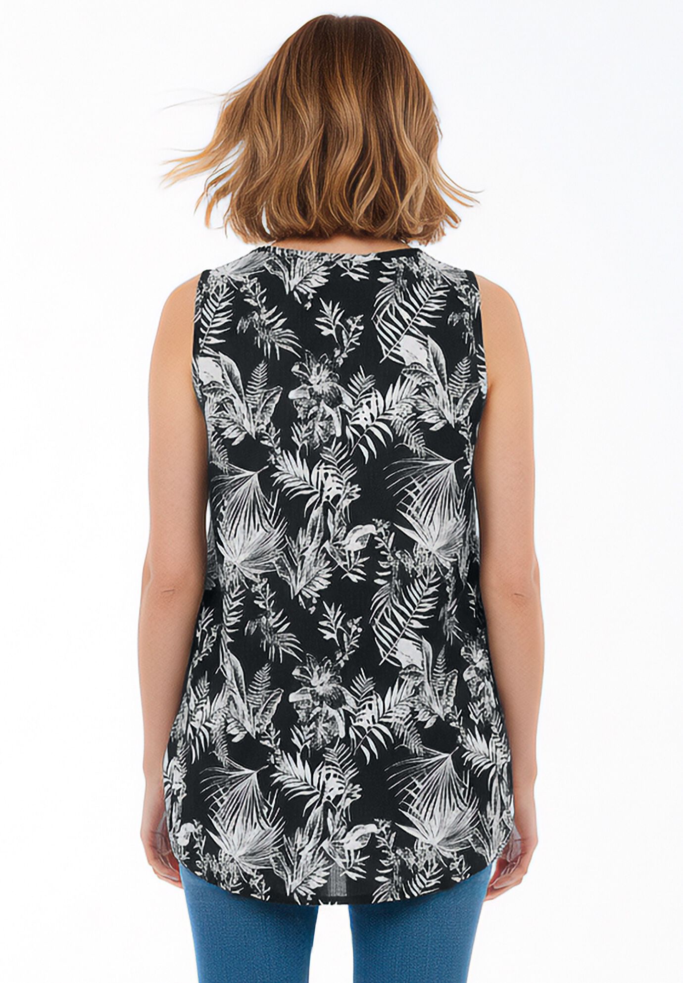 Sleeveless Pintuck Gauze Shirt, BLACK PALM PARADISE, on-hover image number 1