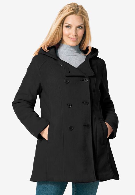 Double-Breasted Hooded Fleece Peacoat, BLACK, hi-res image number null