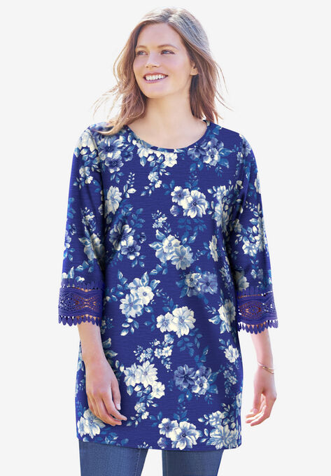 Crochet-Trim Three-Quarter Sleeve Tunic, ULTRA BLUE WATERCOLOR FLORAL, hi-res image number null