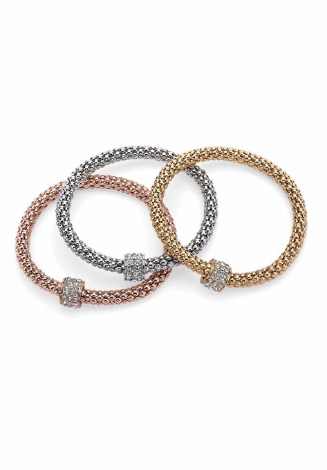 3-Piece Tritone Stretch Bracelet (5.5mm), Round Crystal in Goldtone, , on-hover image number null
