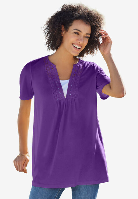 Crochet Layered-Look Tee, PURPLE ORCHID, hi-res image number null