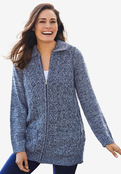 Marled Zip-Front Cable Knit Cardigan, NAVY SKY BLUE MARLED, hi-res image number null