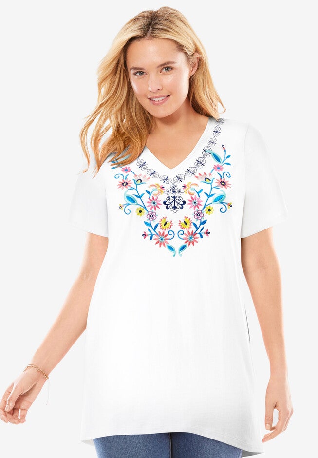 Embroidered V-Neck Tunic, , alternate image number 2