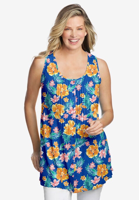 Sleeveless Pintuck Gauze Shirt, BRIGHT COBALT MULTI FUN FLORAL, hi-res image number null