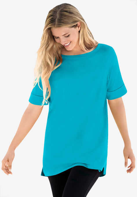 Perfect Cuffed Elbow-Sleeve Boat-Neck Tee, PRETTY TURQUOISE, hi-res image number null