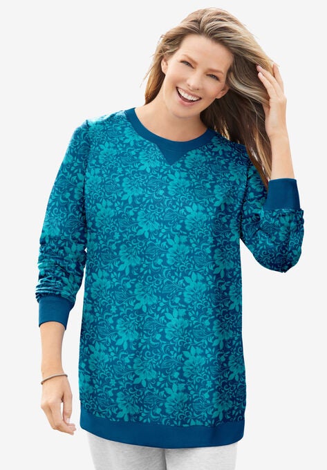 Fleece Sweatshirt, DEEP TEAL SHADOW FLORAL, hi-res image number null