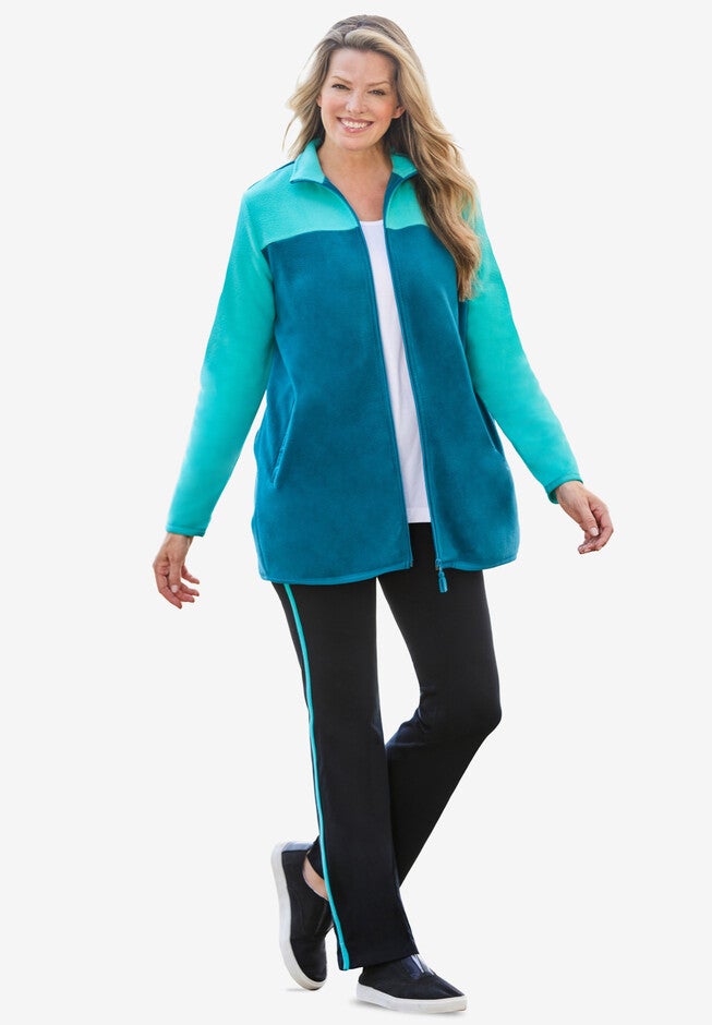 Colorblock Microfleece Jacket Zip Front Jacket, DEEP TEAL AQUAMARINE, hi-res image number null