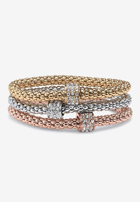 3-Piece Tritone Stretch Bracelet (5.5mm), Round Crystal in Goldtone, GOLD, hi-res image number null