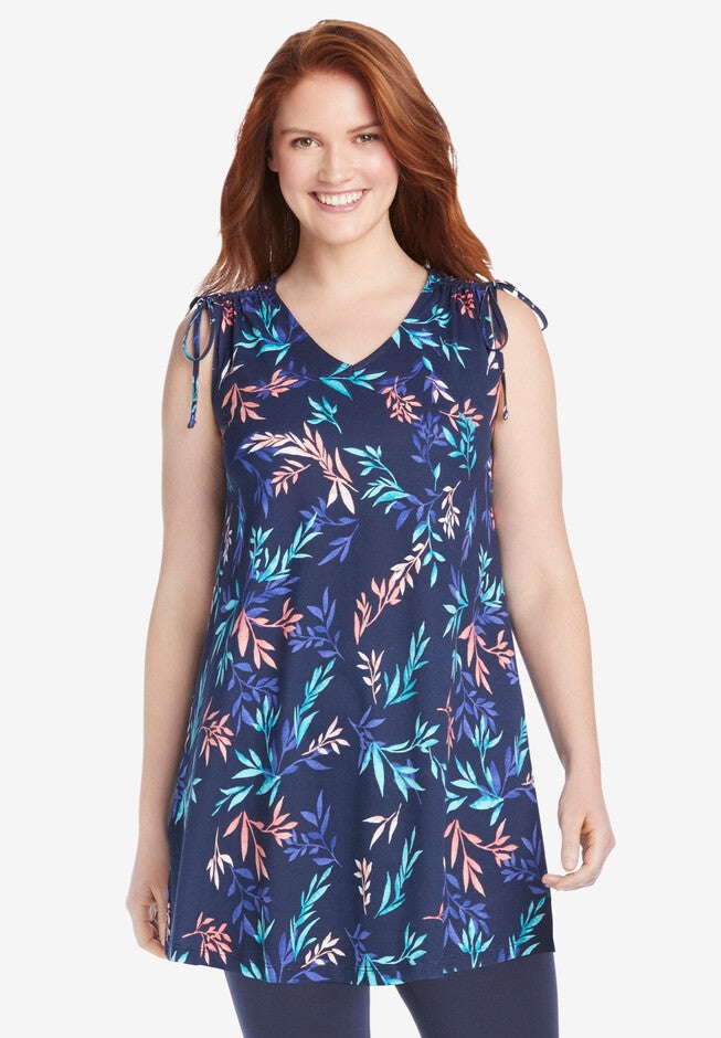 Ruched-Shoulder V-Neck Tunic Tank, NAVY DELICATE VINE, hi-res image number null