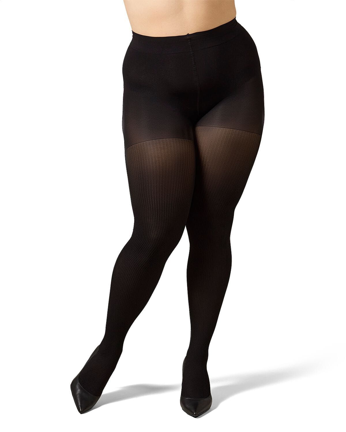 Women's Curvy Twin Rib Opaque Nylon Control Top Tights, BLACK, alternate image number 1