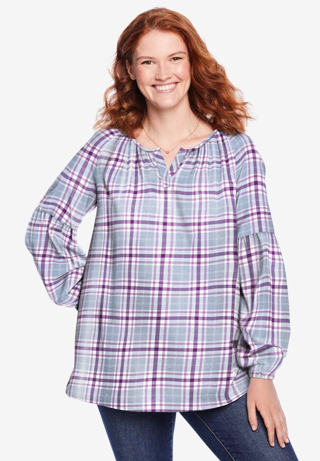 Split Neck Flannel Blouse, PLUM PURPLE PLAID, hi-res image number 0