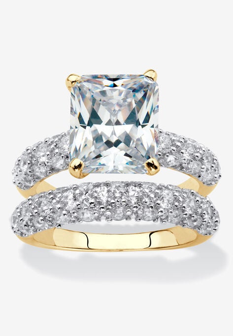 Yellow Gold-Plated Emerald Cut Bridal Ring Set Cubic Zirconia, YELLOW GOLD, hi-res image number null