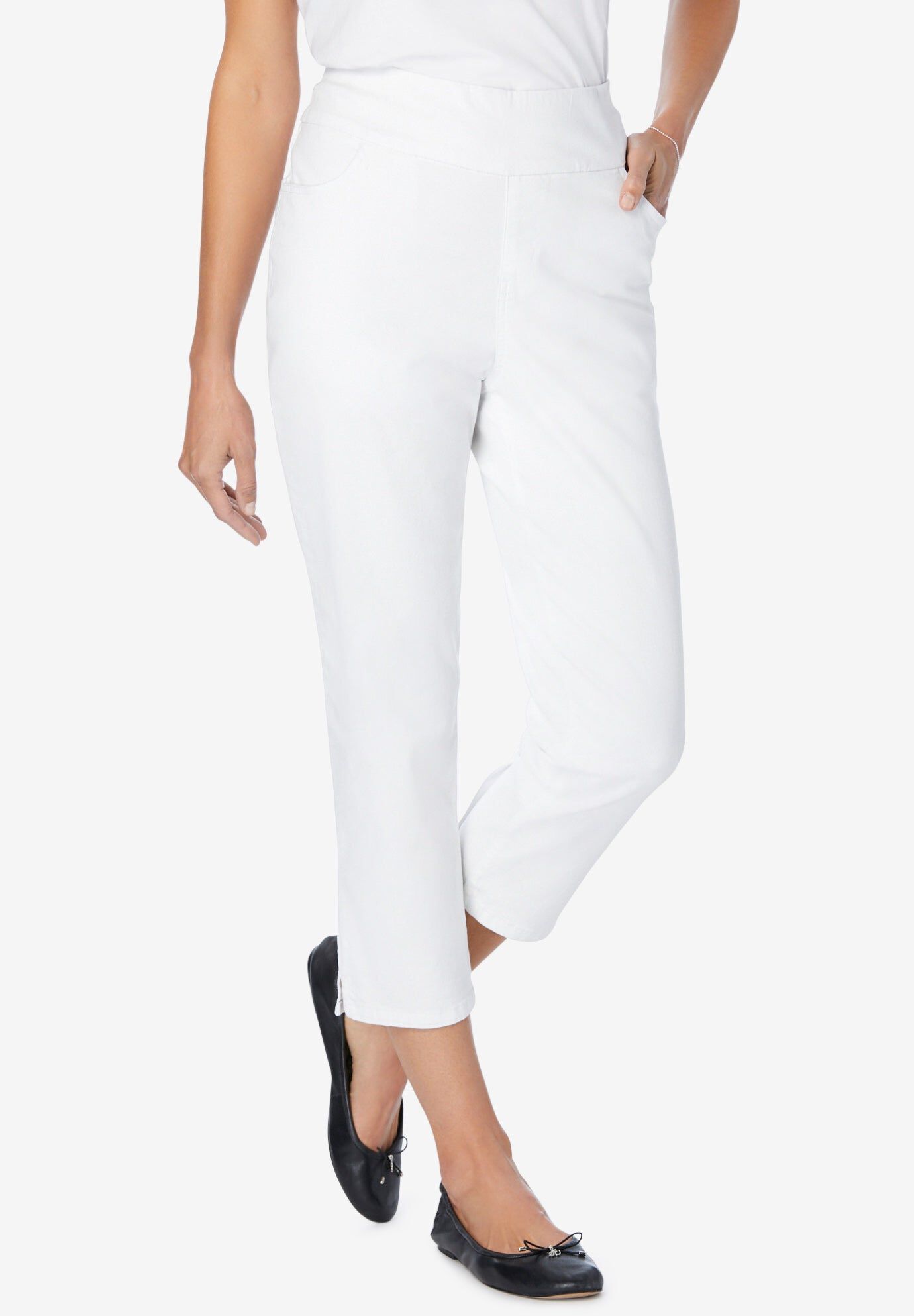 Pull-On Flex-Fit Elastic-Waist Stretch Denim Capri Jeans, WHITE, hi-res image number 0