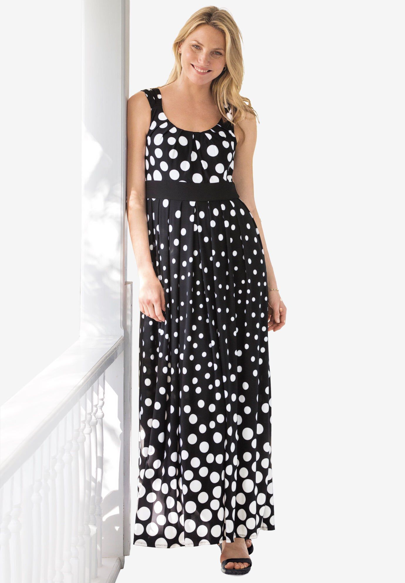 Banded-Waist Print Maxi Dress, BLACK OMBRE DOT, hi-res image number 0