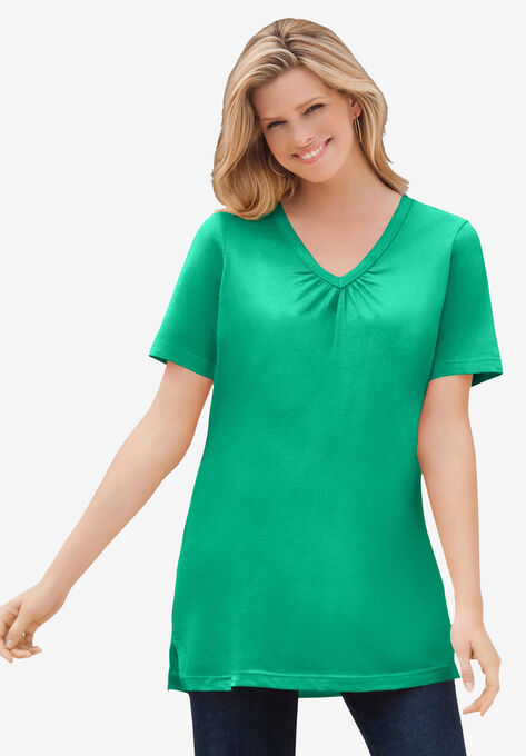 Perfect Short-Sleeve Shirred V-Neck Tunic, TROPICAL EMERALD, hi-res image number null
