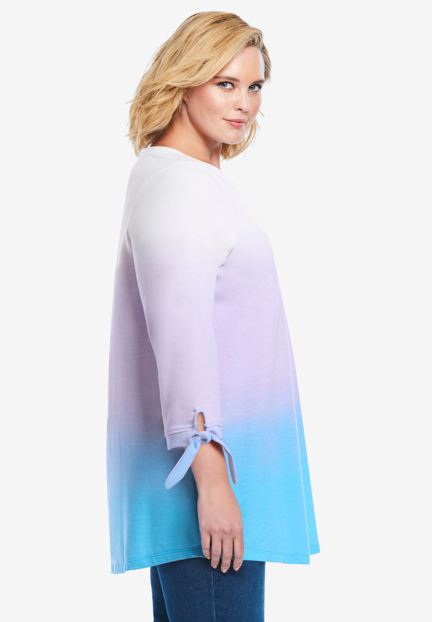 French Terry Tie-Sleeve Sweatshirt, PARADISE BLUE OMBRE, alternate image number 2