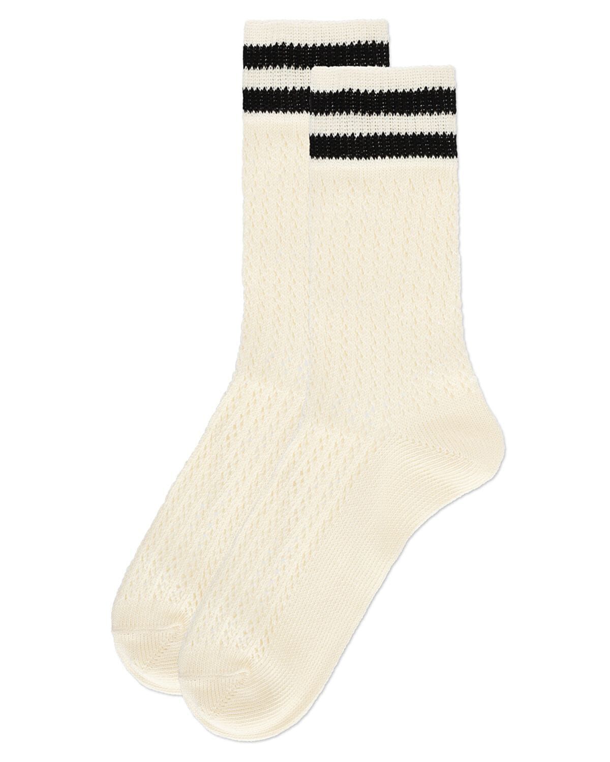 Women&#39;s Pointelle Knit Striped Crew Socks, IVORY, alternate image number 2