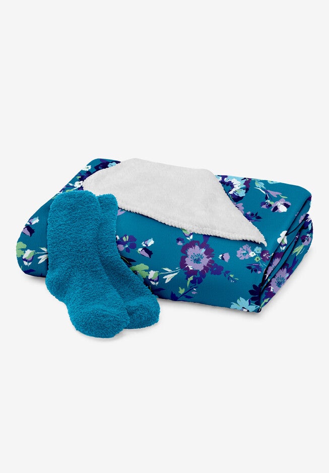 Fluffy Sock & Throw Set, DEEP TEAL ROMANTIC FLORAL, hi-res image number null
