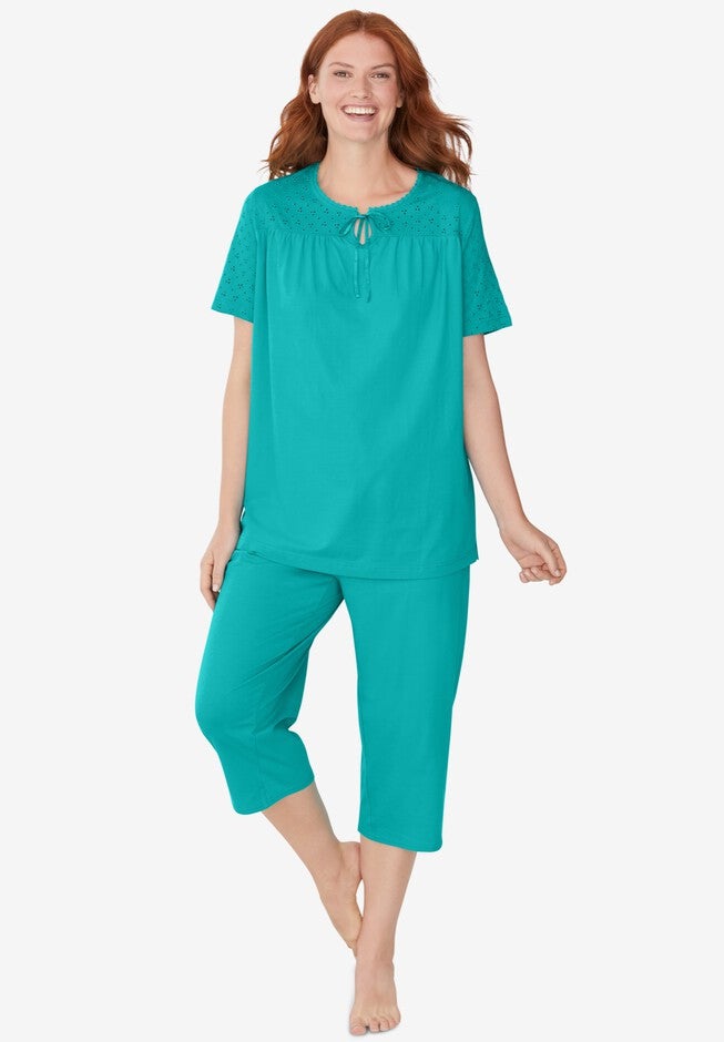 Lace-Trim Cotton Jersey PJ Set, AQUAMARINE, hi-res image number 0