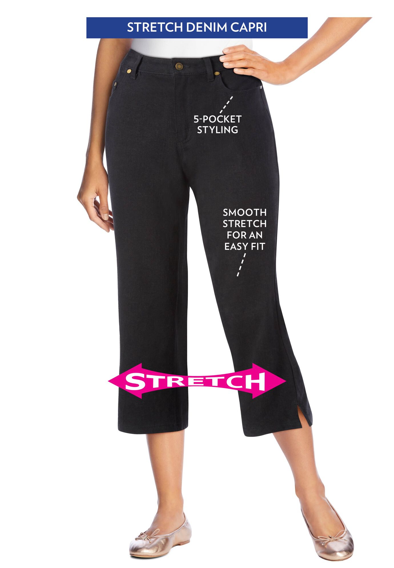 Stretch Denim Five-Pocket Capri Jeans, BLACK DENIM, alternate image number 3