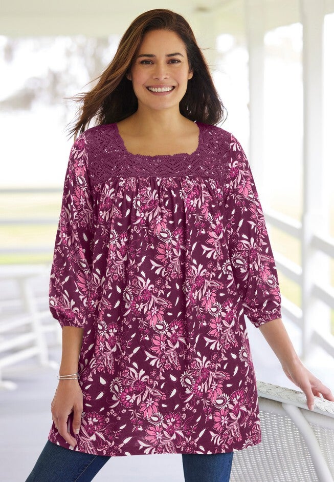 Lace Trim Three-Quarter Sleeve Tunic., , alternate image number null