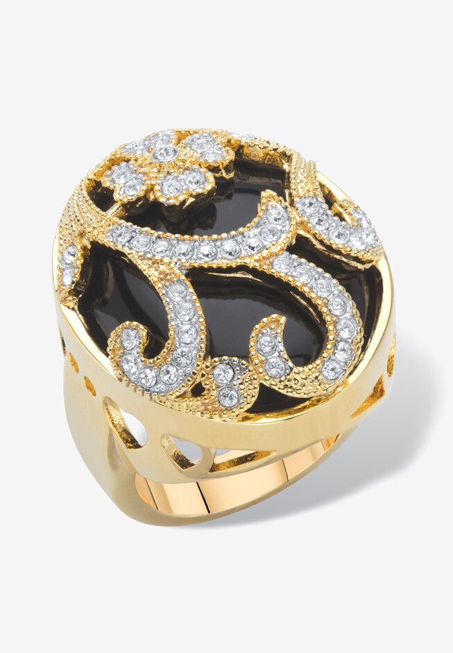 Yellow Gold-Plated Natural Black Onyx and Round Crystal Oval Ring, ONYX, hi-res image number null