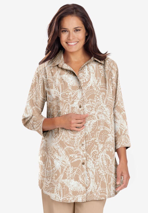 Cuffed Sleeve Peachskin Button Down Shirt, NEW KHAKI PAISLEY, hi-res image number null