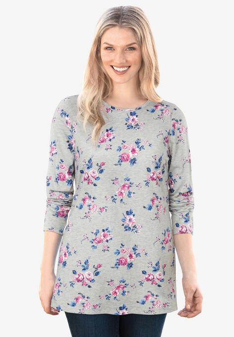 Perfect Printed Long-Sleeve Crewneck Tee, HEATHER GREY DITSY BOUQUET, hi-res image number null