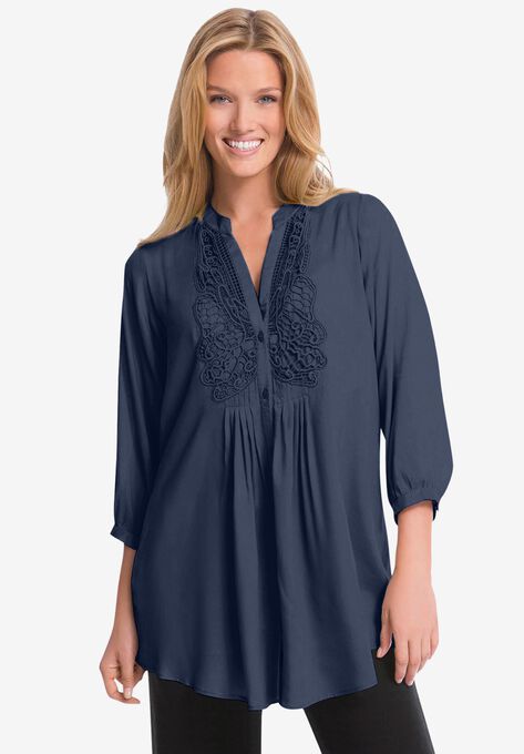 Crochet Detail Tunic Blouse, NAVY, hi-res image number null