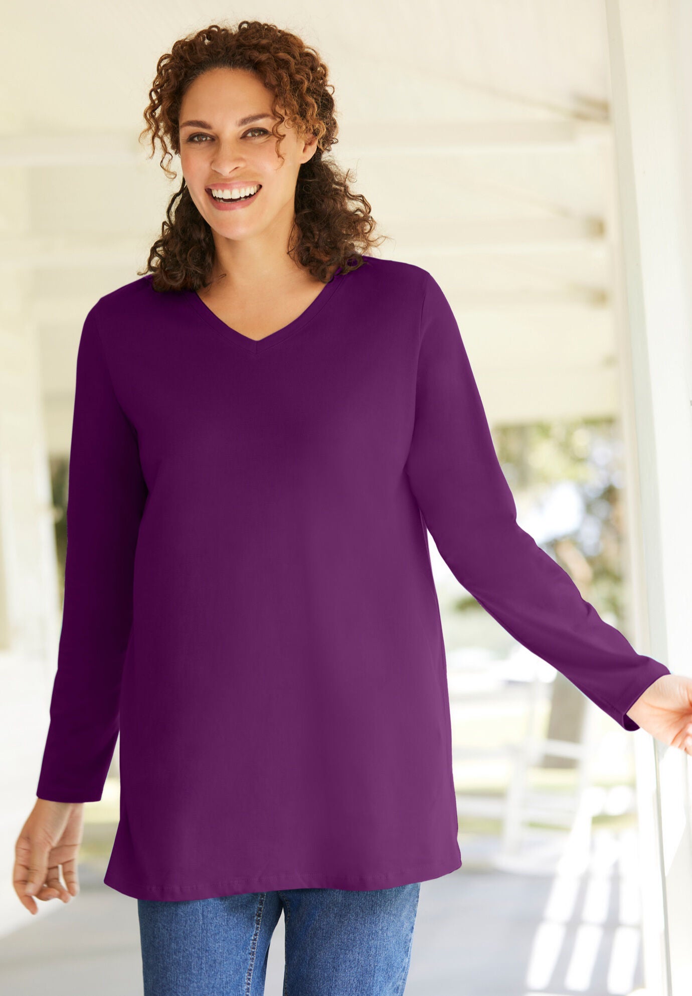 Perfect Printed Long-Sleeve V-Neck Tunic, , alternate image number 2